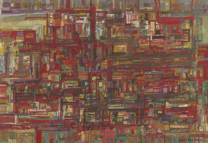 MARIA HELENA VIERA DA SILVA, RED HOUSES, 1963, HUILE SUR TOILE, 37 x 54 cm