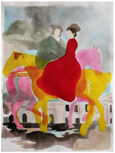 Sacha FLOCH POLIAKOFF Cavaliers, 2020 Signé au dos crayon et encre de couleur sur papier 75 x 55 cm