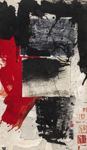 Antoni Clavé, Retour du Japon, 1986, oil and collage on paper, 118 x 68 cm