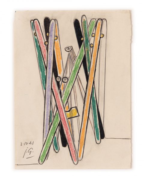 Julio Gonzalez, Les bâtons, 1941, coloured pencil, black pencil, pen and ink on paper, 21 × 16 cm