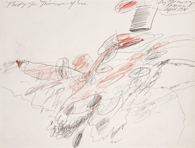 CY TOMBLY, STUDY FOR TRIUMPH OF LOVE, 1961, PENCIL AND WAX CRAYON ON PAPER, 22,3 × 29,8 CM